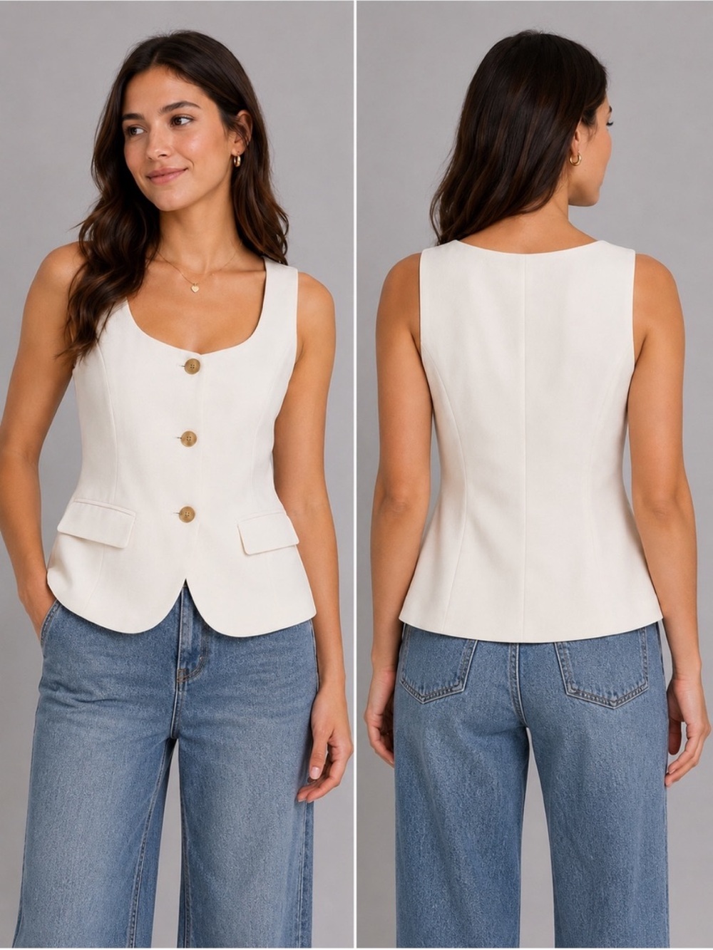 A New Day Woman’s Tailored Cream Button Front Vest Medium | NWT